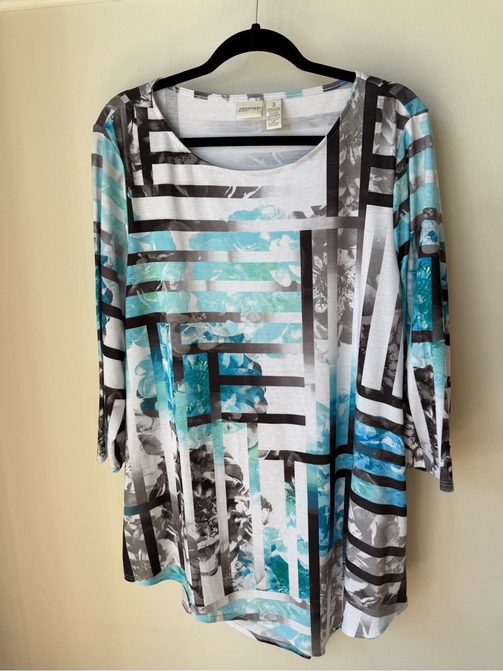 Chico's Teal, Gray & White Abstract Stripe Floral Scoop Neck Tunic